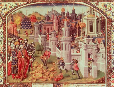 Il saccheggio di Gerusalemme dopo la cattura da parte dei cristiani nel 1099, miniatura illuminata da una cronaca universale, 1440 da Jean de Courcy
